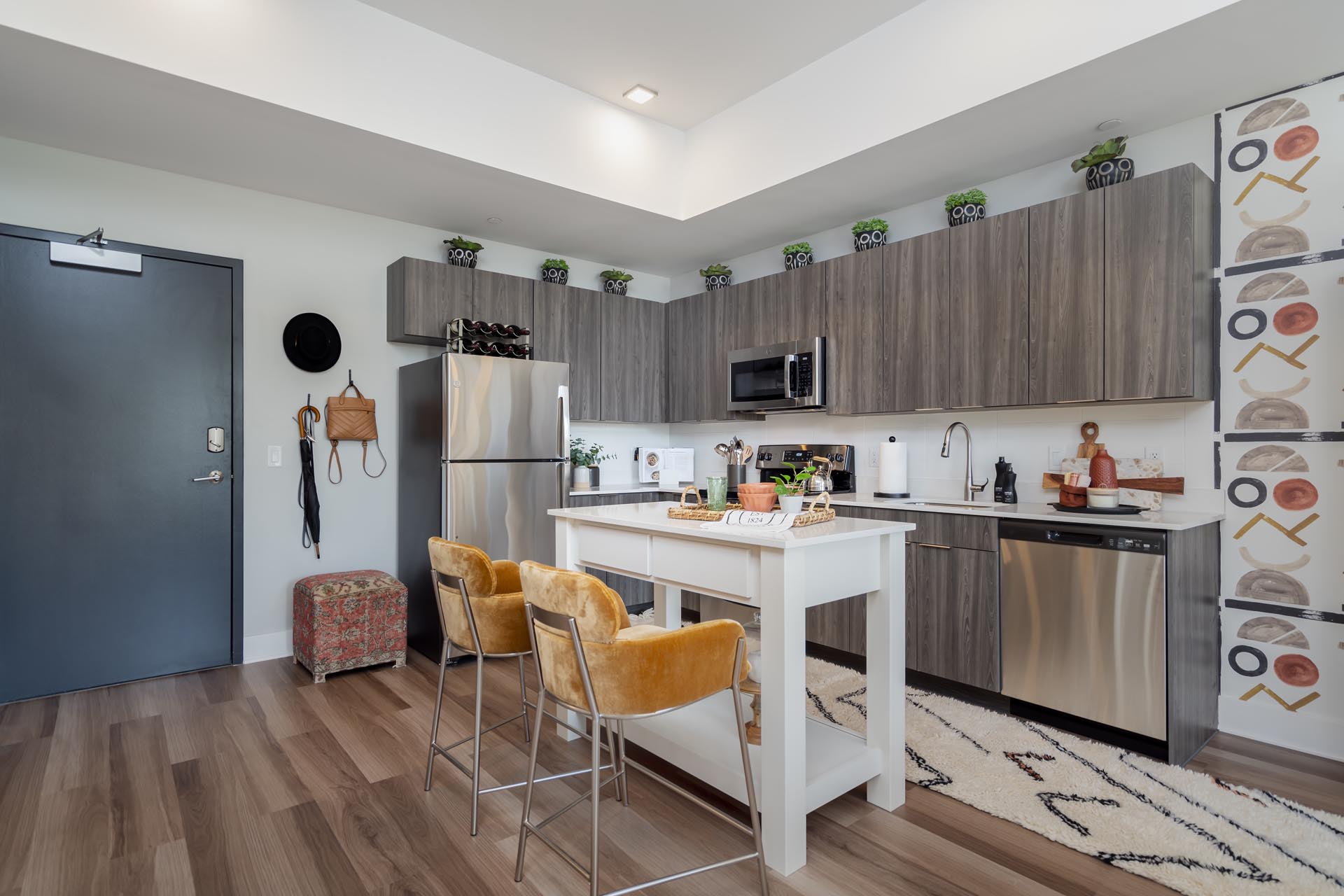 Moveable Island kitchen with stainless steel appliances and a moveable island